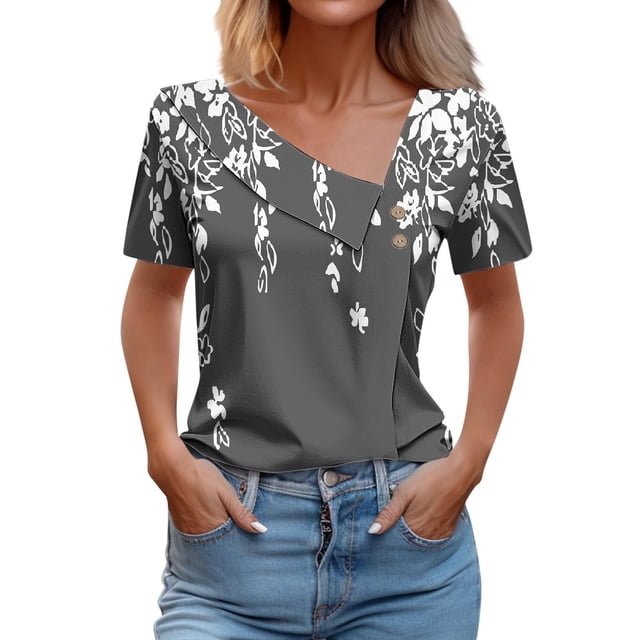 Blouses pour Femmes Imprimées Printemps/été Chemise à Manches Courtes Imprimée Bouton T-shirt Décontracté