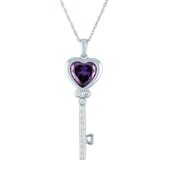 Ladies Brilliance Fine Jewelry Simulated Amethyst and CZ Sterling Silver Key Pendant, 18"