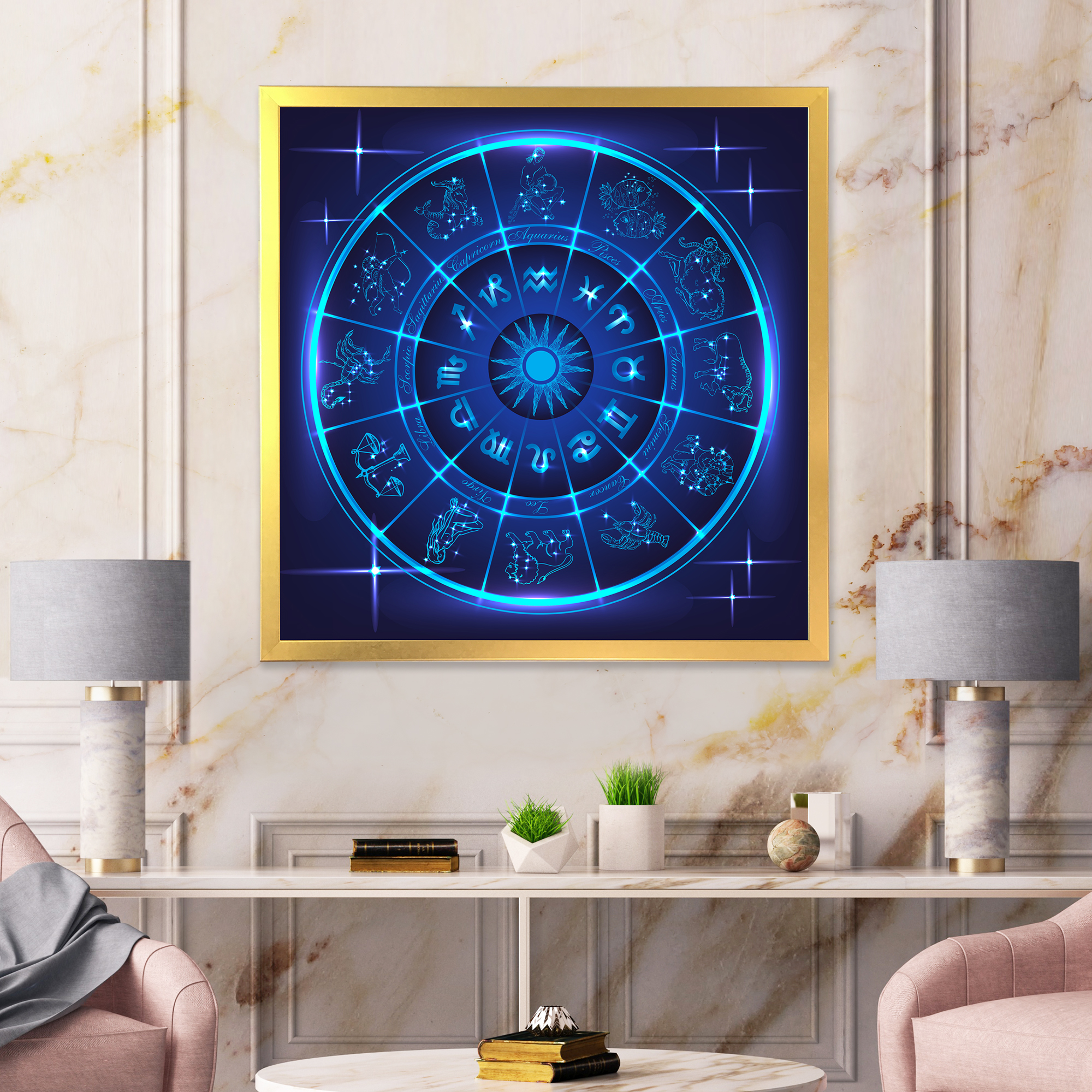 Designart 'Zodiac Signs With Neon Deep Blue Horoscope Circle' Modern Framed Art Print