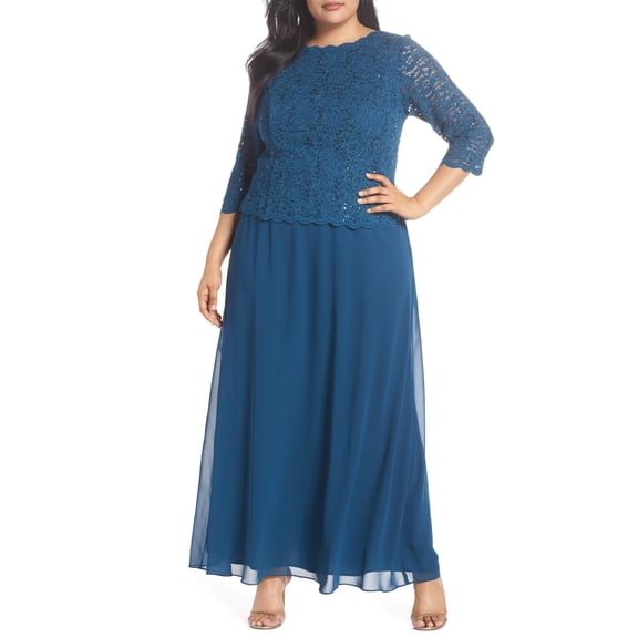 Alex Evenings Womens Plus Chiffon Sequined Evening Dress Blue 18W