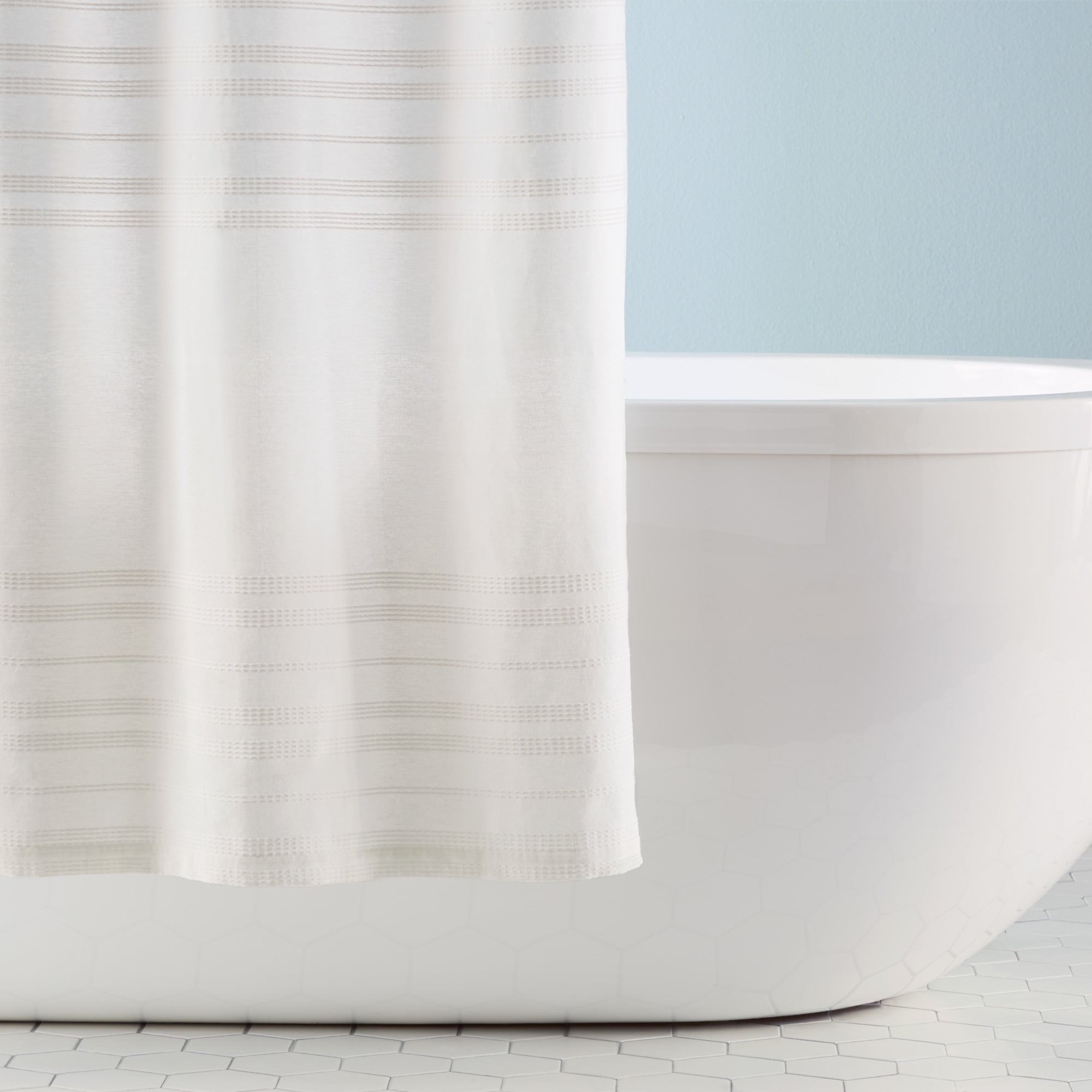 TOWN & COUNTRY EVERYDAY Sophia Textured Solid Cotton-Rich Breathable Fabric Shower Curtain with Reinforced Buttonhole Top Hem, White, 70"x72"