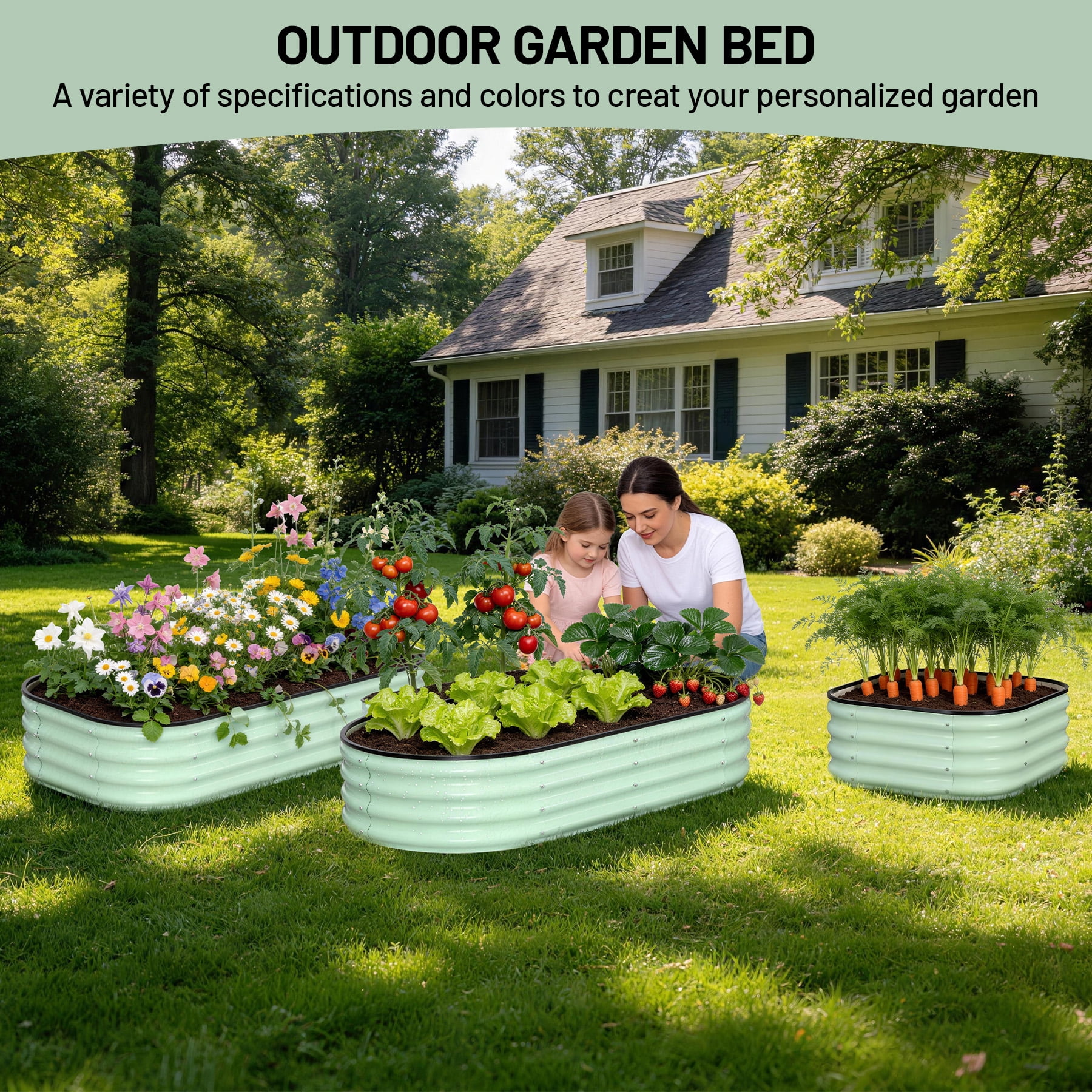 Oval Raised Garden Bed, 4x2x1 FT Galvanized Metal Planter Box for Outdoor, Large Oval Vegetable Bed for Flowers, Herbs & Succulents, Heavy Duty Steel Garden Bed for Backyard, Green