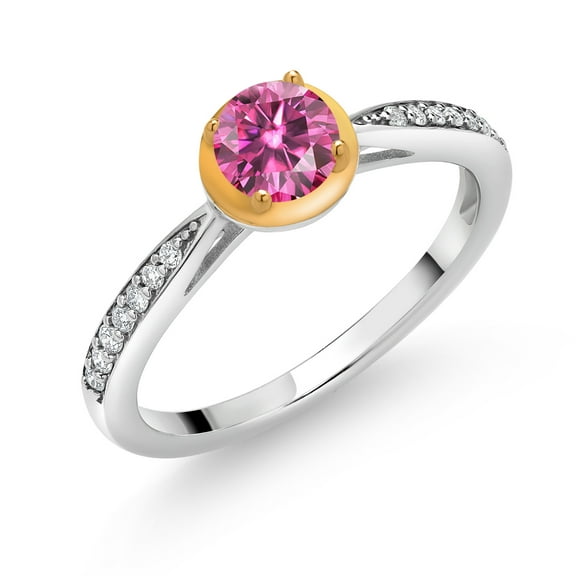 Gem Stone King 925 Silver and 10K Yellow Gold Pink Moissanite and White Lab Grown Diamond Engagement Ring for Women | 0.60 Cttw | Round 5MM (Size 9)