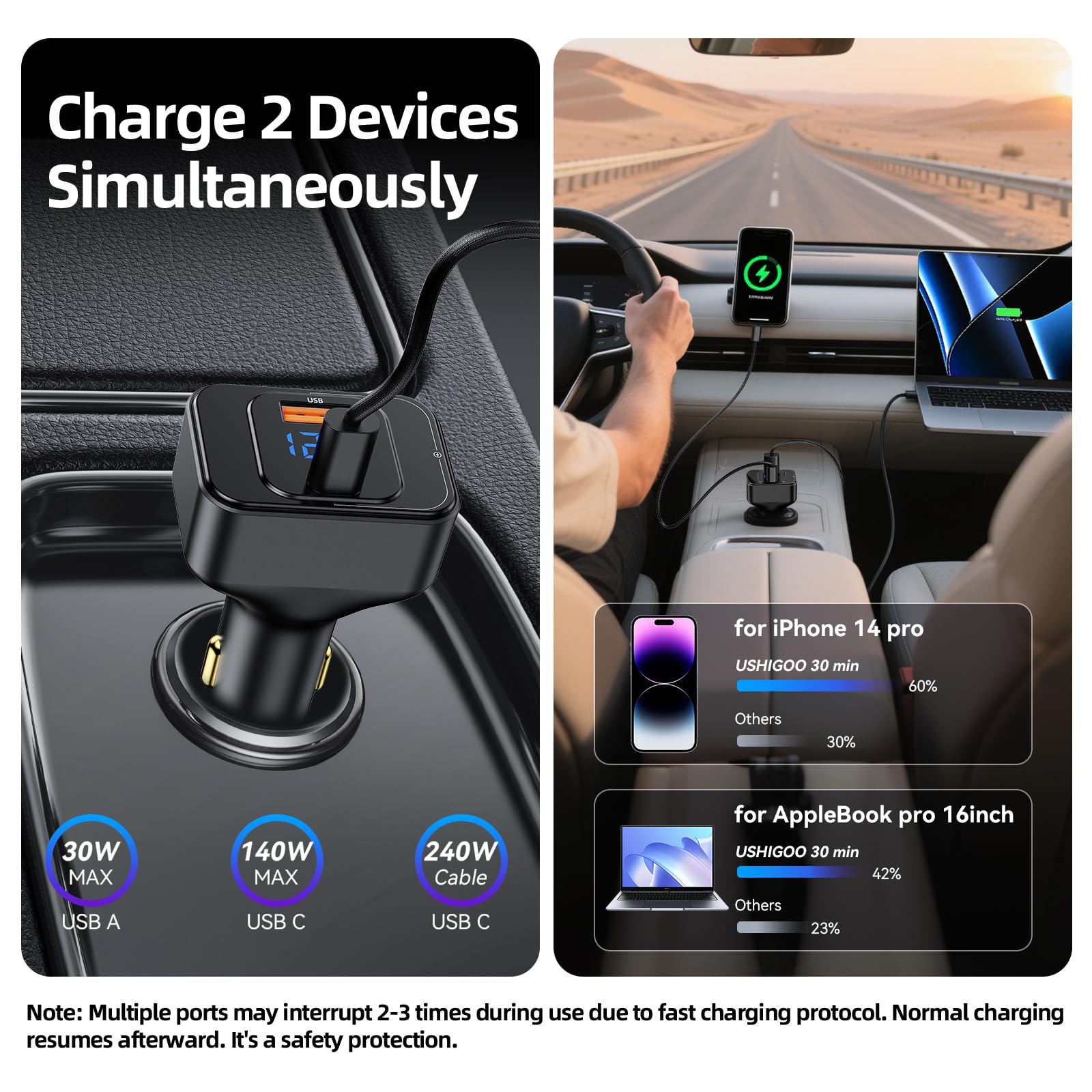GUANGHUI 170W PD3.1 Car Charger with LED Voltage Display, USB-C Cigarette Lighter Adapter Fast Charging (140W+30W) for iPhone 16 Pro Max/Samsung S25 Ultra/MacBook/Drones/Laptops, 12V-24V Vehicle