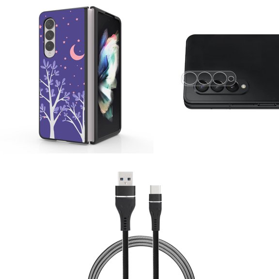 Accessory Bundle for Galaxy Z Fold 4: Slim Snap-On Case (Purple Night), Rear Camera Glass Protector, Nylon Braided USB-C to USB-A Cable (3 Feet)