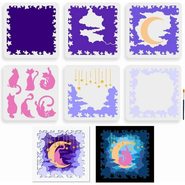Plantilla de gato con luna en capas (6 piezas, 30 x 30 cm). Plantilla grande para pintar gatos, lunas, nubes y estrellas con pincel. Plantilla para dibujar animales estrellados de ensueño.