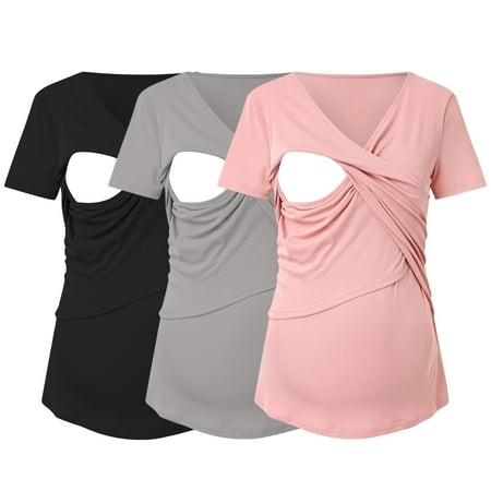 

Wiueurtly Womens Maternity Ribbed Tee Shirt Casual Short Sleeve V Neck Basic Nursed T Shirt Top For Breastfeeding 3 Pack Maternity Tops Sleeveless