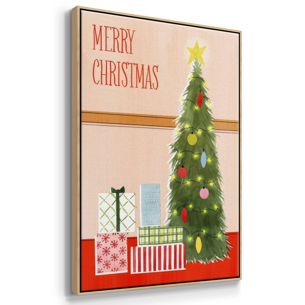 Christmas Stockings Collection B - Framed Gallery Wrapped Holiday Canvas - 27 x 41 - Natural Wood Frame