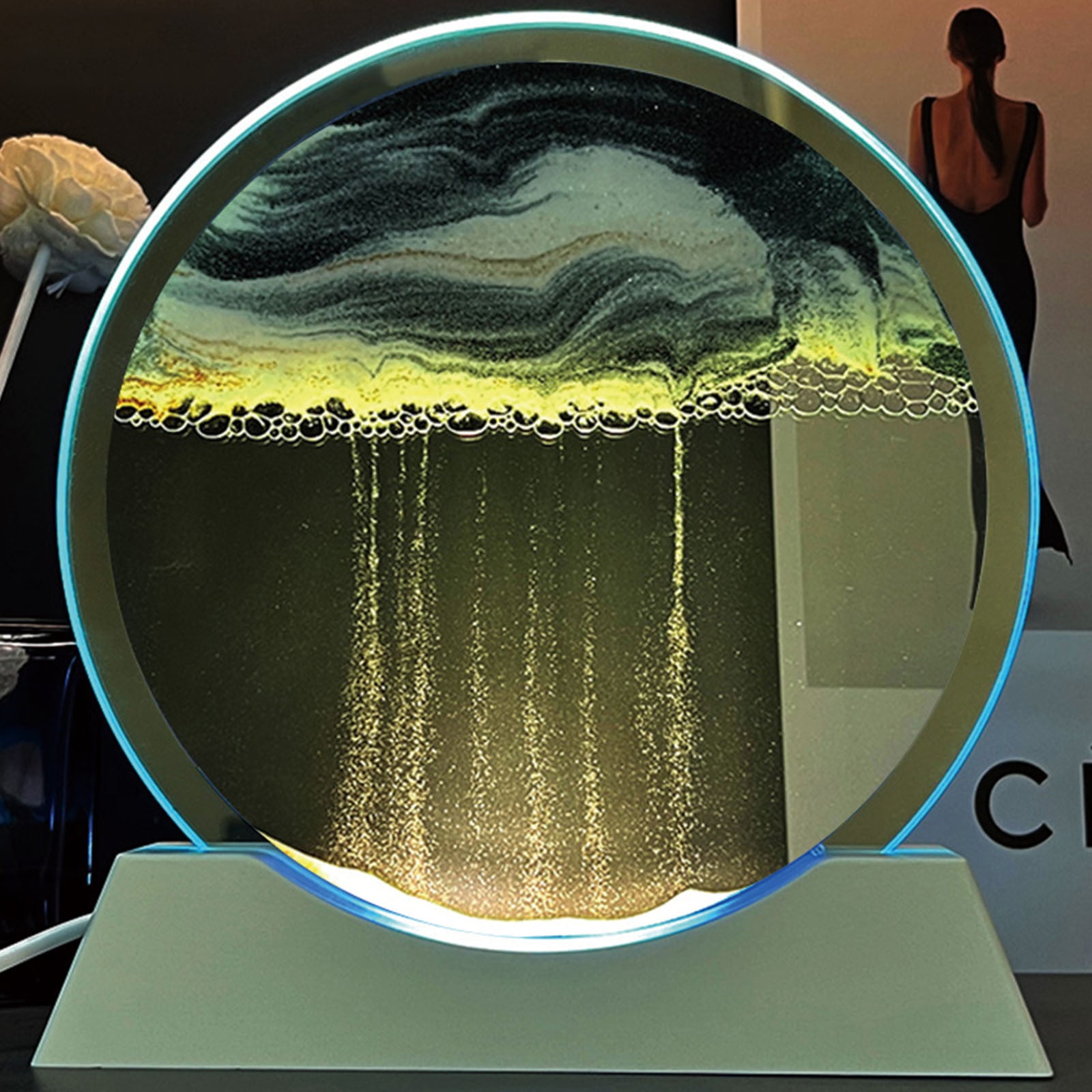 Wuztai Moving Sand Art Picture 29.8cm Round with LED Lamp for Home Decoration, Relaxing Liquid Motion Display, Therapeutic Sandscape