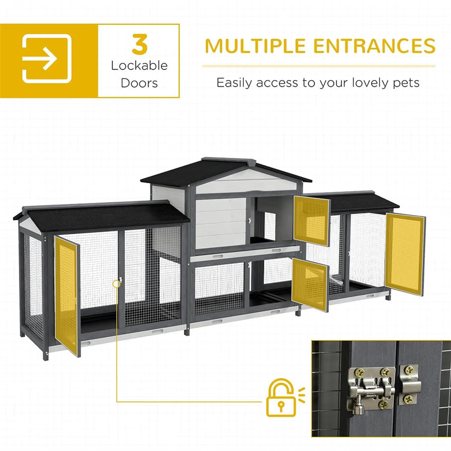 resenkos 90" Wooden Rabbit Hutch with Double Side Run Boxes, Outdoor Small Animal Habitat Chicken Coop Bunny Cage for Bunnies, Guinea Pigs, Gray