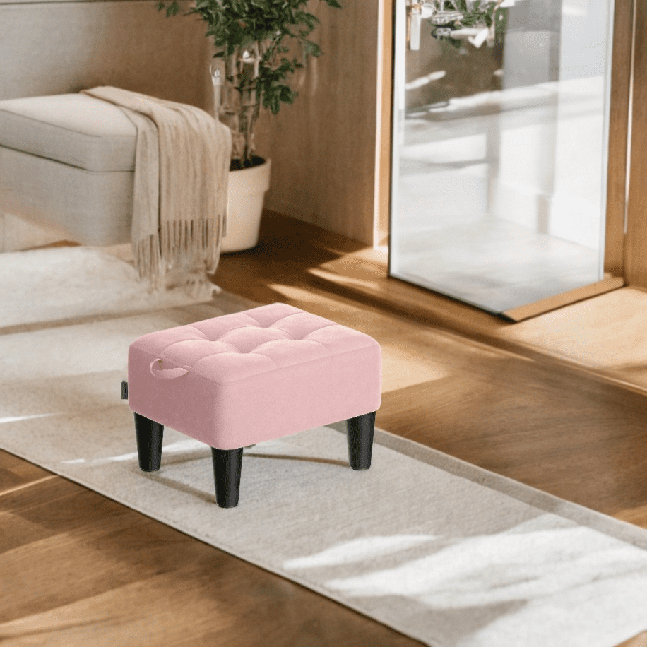 LEDREM Small Ottoman Foot Stool with Thick Cushion, Footrest with Sturdy Angled Legs for Living Room, Bedroom, Entryway, Jelly Pink