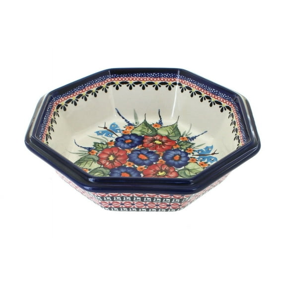 Blue Rose Polish Pottery Floral Butterfly Large Octagonal Bowl