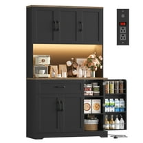 Hiphuta 71”Tall Modern Pantry Cabinet with Power Outlet & LED, Freestanding Kitchen Hutch Cabinet for Dining Room, Black