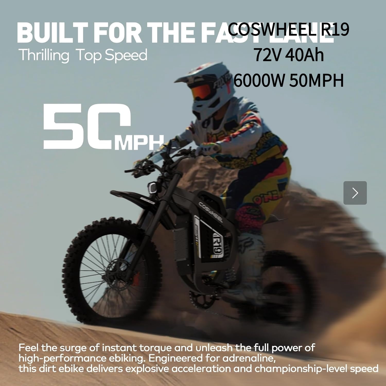 R19 COSWHEEL 6000W Peak 50MPH Electric Dirt Bike for Adults,72V 40Ah Battery,124 Miles Range Electric motorcycle, Dual Suspension, 19"all terrain tire UL2849