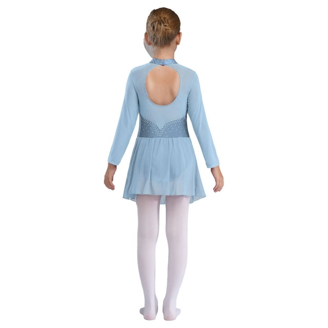 Linjinx Fille Enfant Justaucorps Robe de Danse Ballet à Manches Longues en Maille à Strass Assemblée Costume de Compétition de Patinage Artistique Bleu Ciel 6