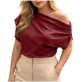 thumbnail image 2 of SROBPTY Womens T-Shirts Solid Crew Neck Short Sleeve Off Shoulder Asymmetrical Loose Breathable Summer Tops for Daily Wear, 2 of 4