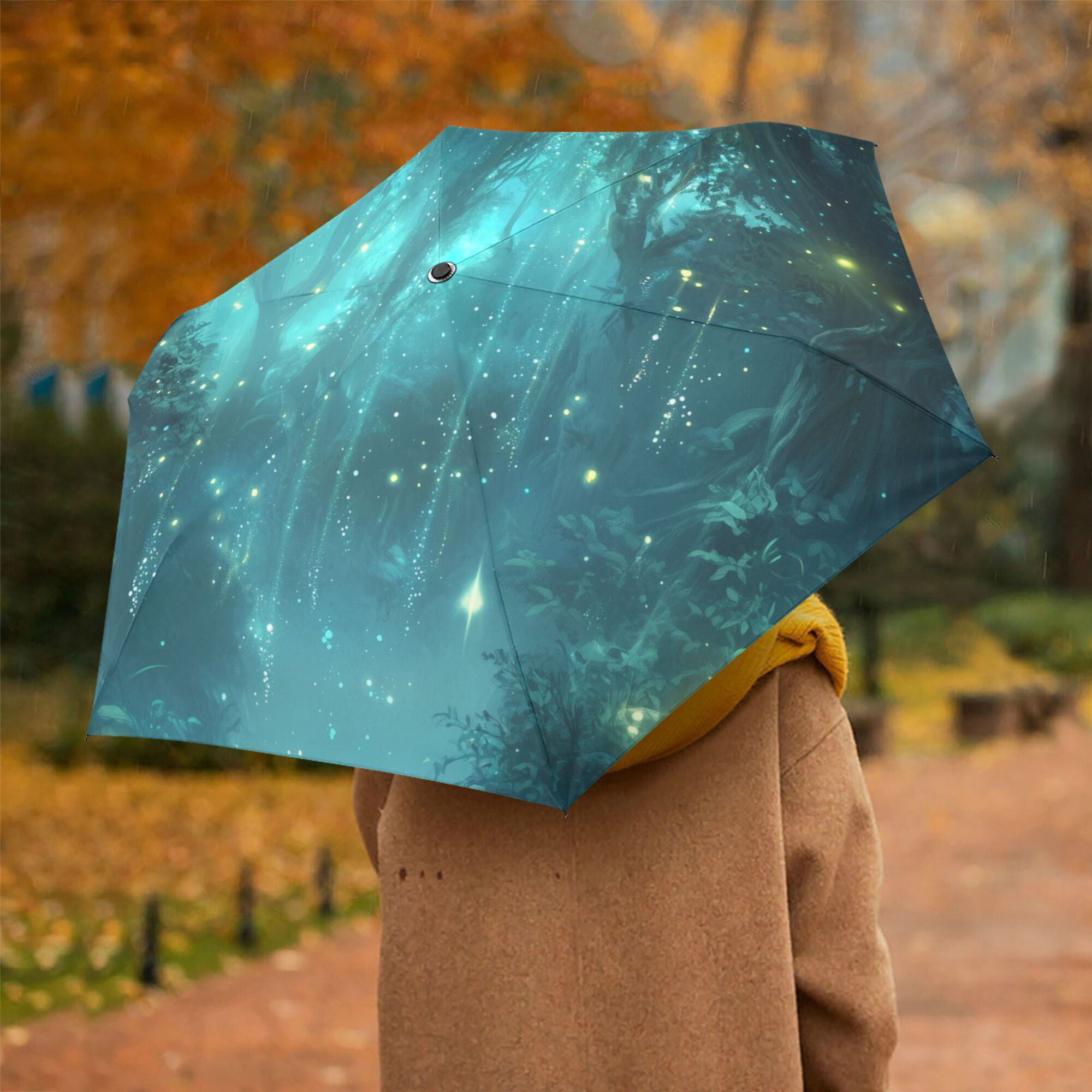 FORMRS Travel Umbrella Folding Auto Open Close Windproof Rain UV Protection, Magical Forest