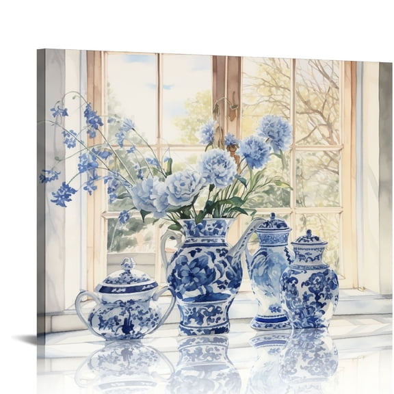 COMIO Wall Art Canvas Bedroom Wall Decor White Flower in Blue Bottle Canvas Pictures for Living Room Modern Gallery  Stretched Canvas Artwork Flower Painting for Bathroom Wall Art