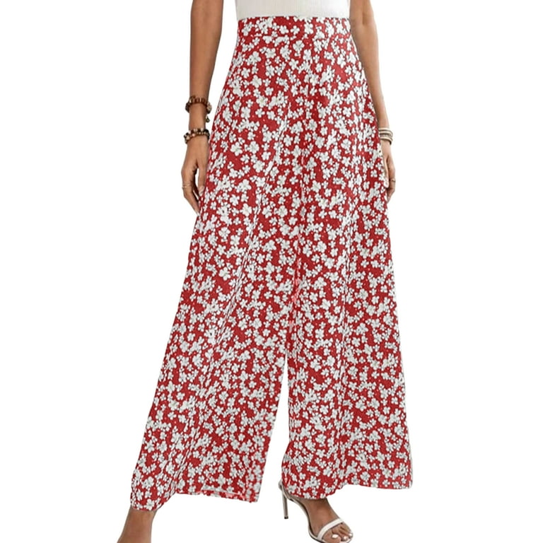 Capreze Women Pants High Waist Bottoms Wide Leg Palazzo Pant Lounge  Trousers Floral Print Red XL 