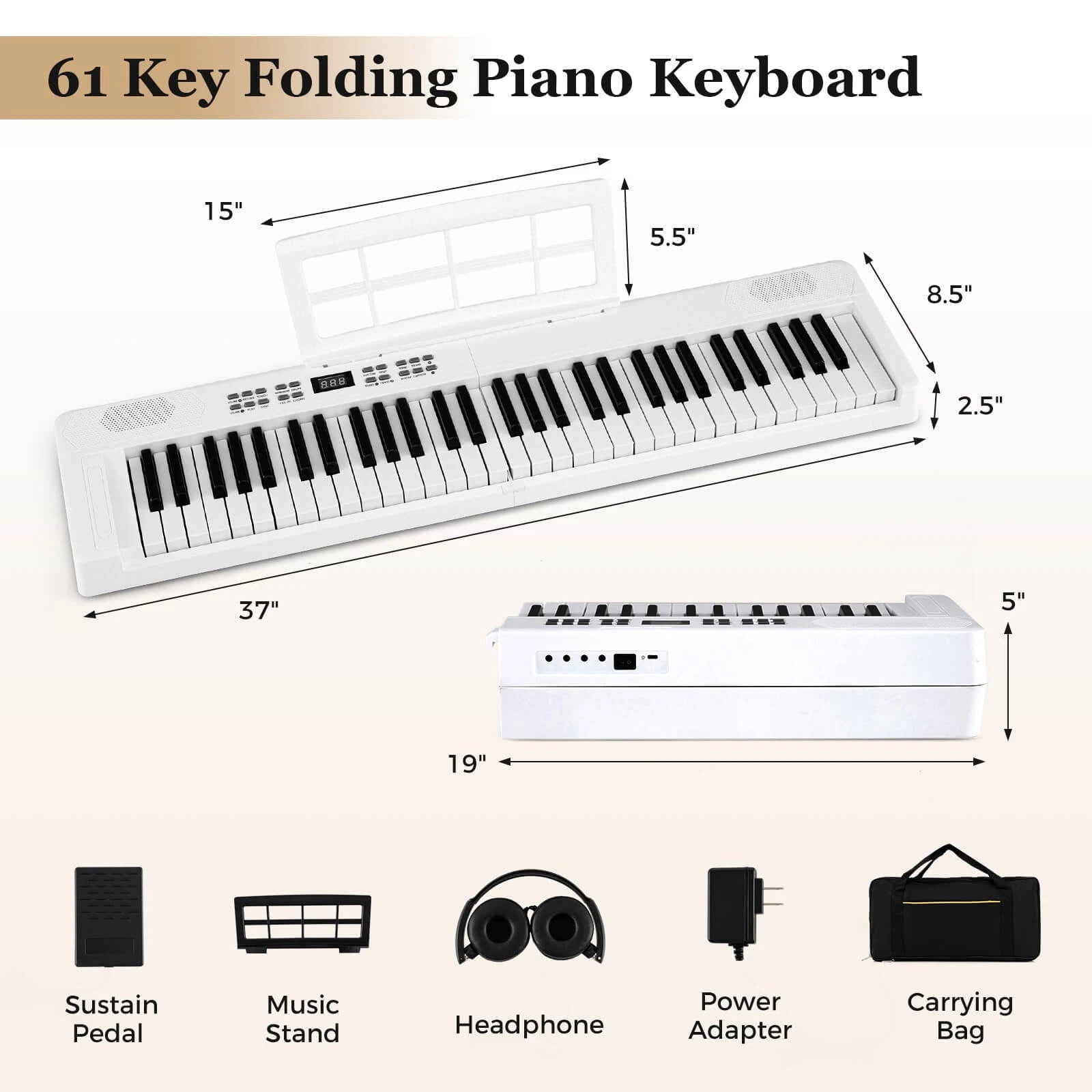 DRAZUNO 61-Key Foldable Piano Keyboard w/MIDI Split Function Headphone Sustain Pedal