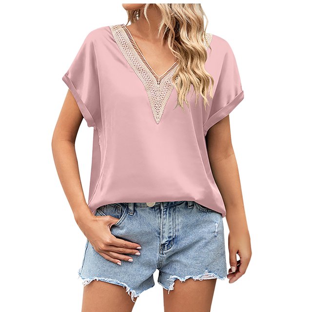 Birdeem Mode Femmes Été Col en V Dentelle Patchwork Manches Courtes Blouse Aguichant