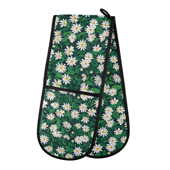 Dailycode Double Sided Oven Mitt with Loop Heat Resistant Kitchen Long Potholders 7" x 35" Daisies Flowers with Green Leaves