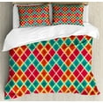 thumbnail image 1 of Geometric Duvet Cover Set Queen Size, Vibrant Colored Grunge Rhombus Design with Cream Tone Stripes, Decorative 3 Piece Bedding Set with 2 Pillow Shams, Dark Orange Turquoise Magenta, by Ambesonne, 1 of 3