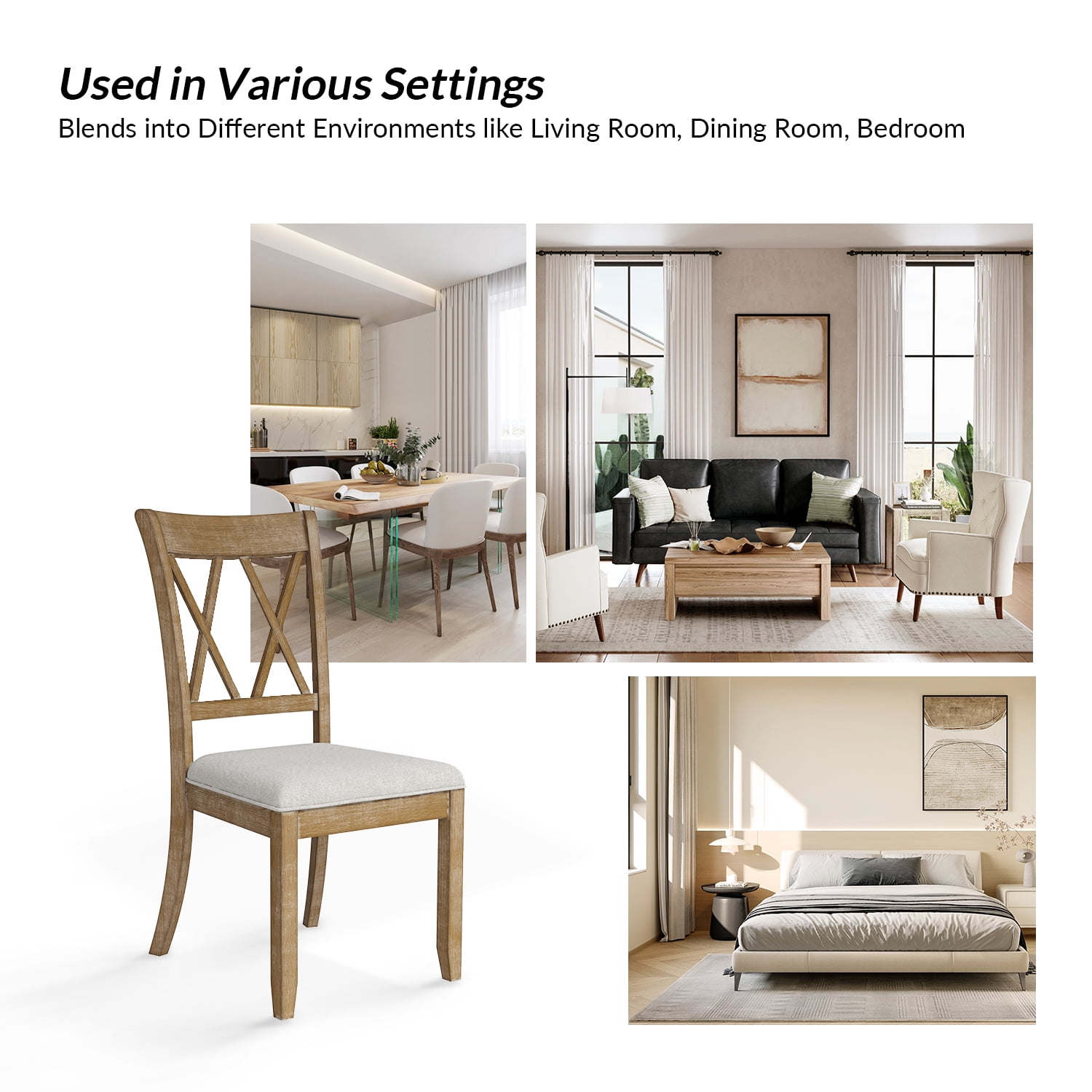 Tina's Home Solid Wood Dining Chairs Set of 2, Farmhouse  Upholstered Armless Side Chairs Crossing High Back Living Room Kitchen