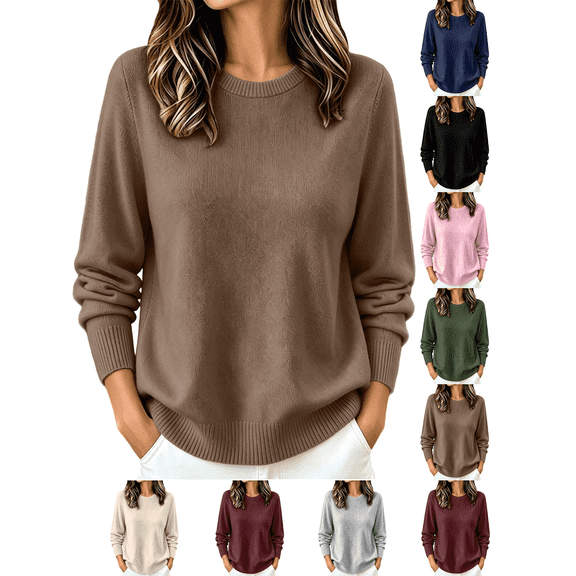 Liuinsasek Women's Crew-Neck Knit Sweater Solid Color Casual Long-Sleeved Loose-Fit Basic Pullover Easy Layering Piece ,Fashion Winter Outfits,Cozy Lounge Wear