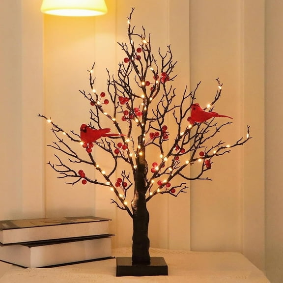 21 Inch Vintage Glowing Tree with Cardinals, LED Mini White Birch Tree with Berries, Lighted Tabletop Birch Ornament with Red Birds for Holiday Home Christmas Decor and Seasonal Display