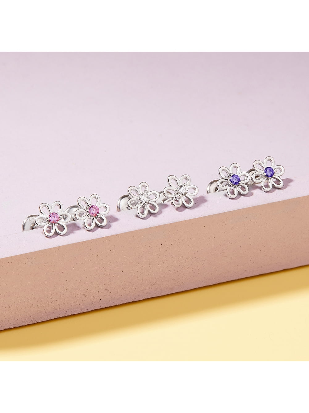 925 Sterling Silver 7mm Pink Cubic Zirconia Flower Screw Back Girls Earrings