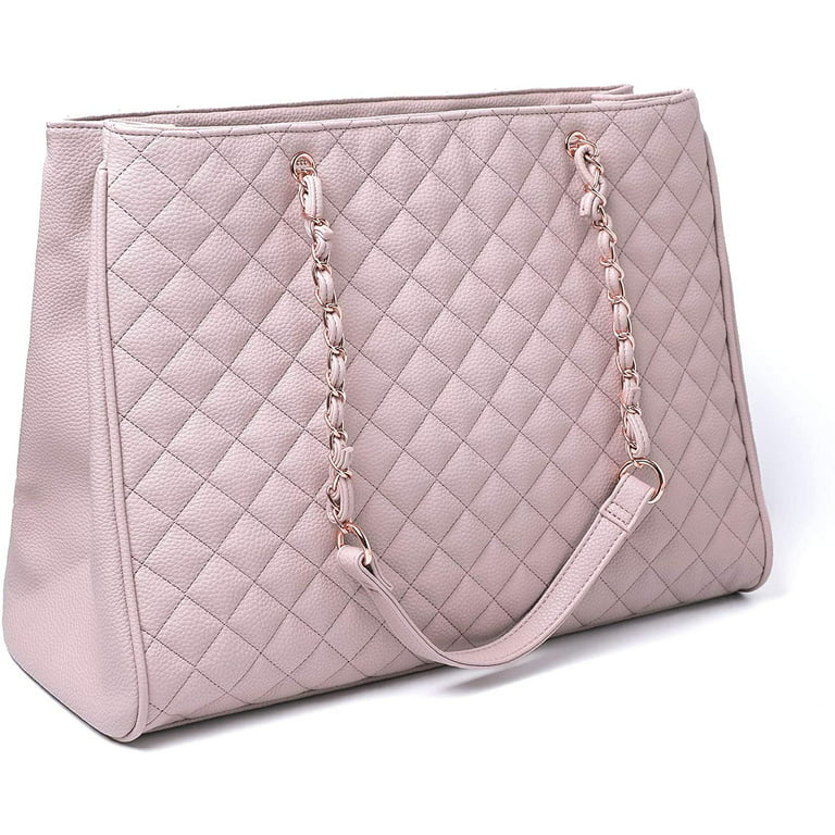 Women's Large Travel Tote Quilted Purse and Work Laptop Handbag - Rose Gold  Hardware With Satin Interior - Light Pink 