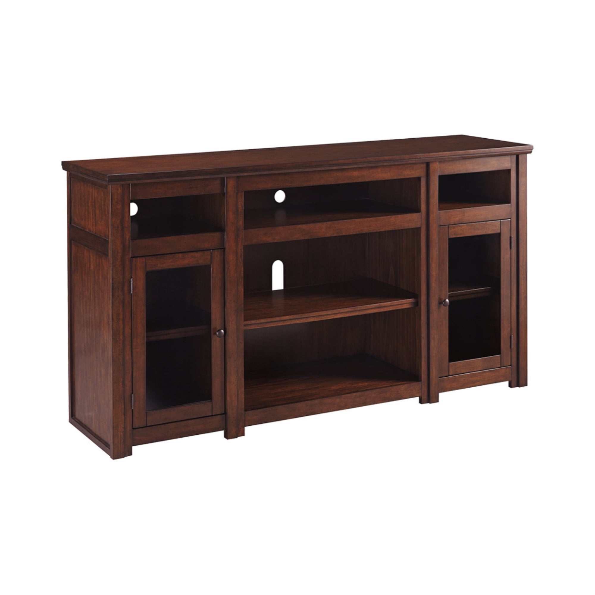 Wooden Frame TV Stand with 5 Open Compartments and 2 Doors, Cherry