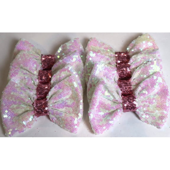 Set of 12 Pink/White Sequin Bows 5 Inches Large Glitter Bows Wholesale Bows, DIY Fabric Hair Bows - No Clips
