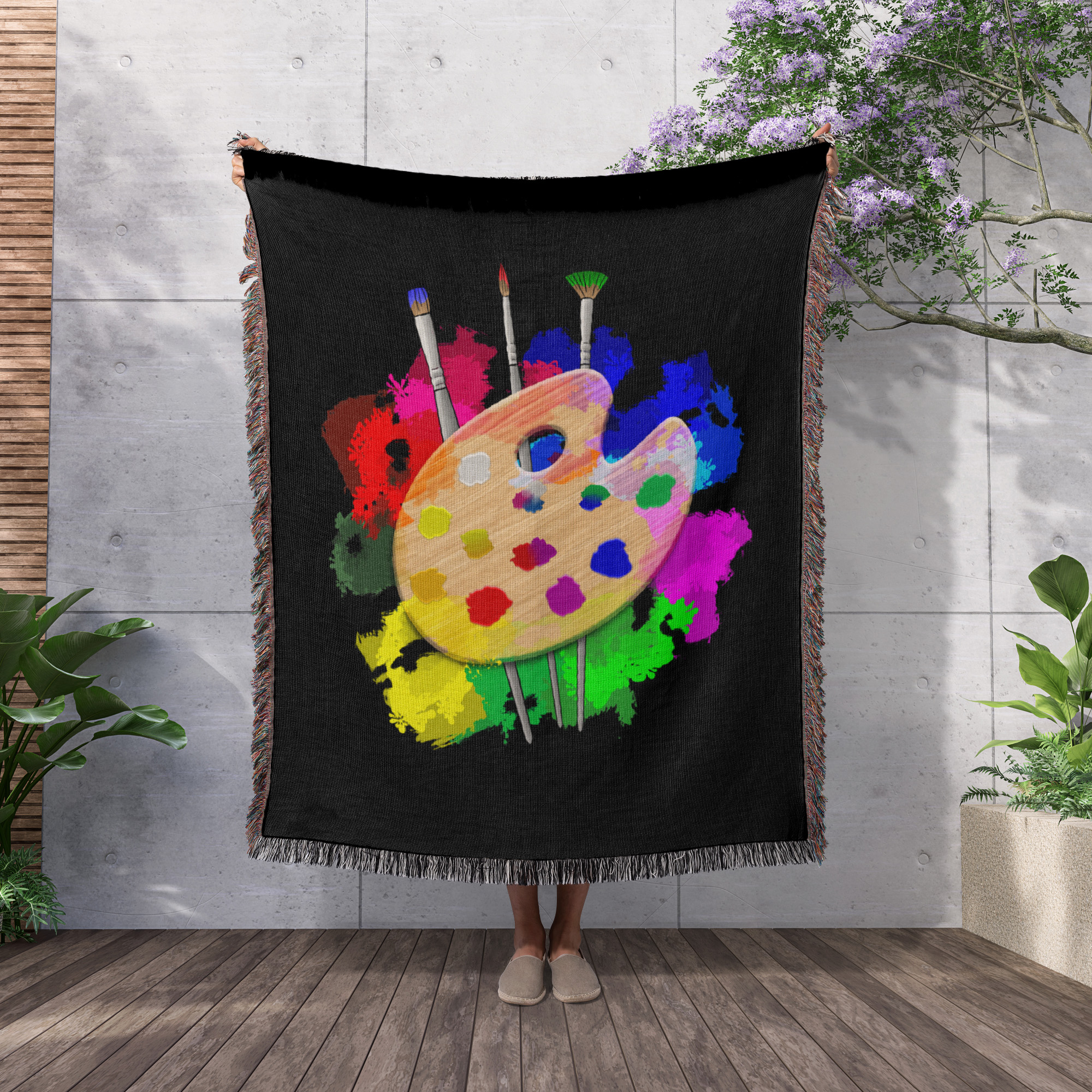 A Painter Art Palette With Art Brushes And Paint., Woven Blanket