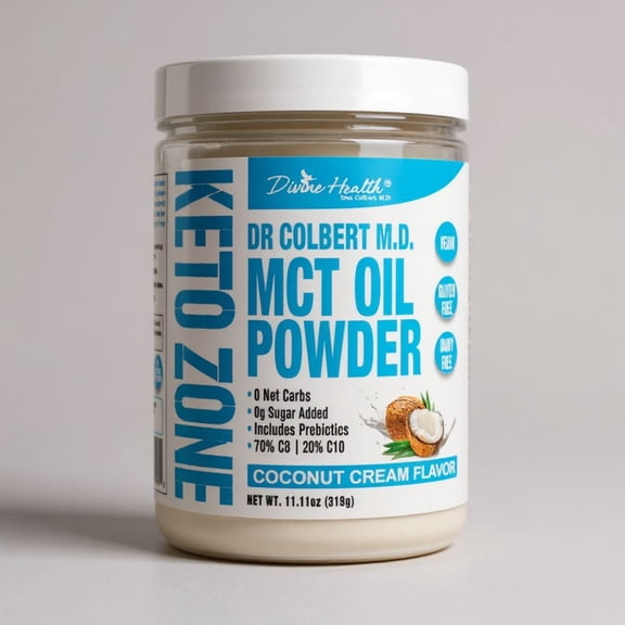 Dr. Colbert, MD MCT Oil Powder | Coconut Cream Flavor | by Divine Health | Keto Zone | 75/C8 25/C10 | 0 Net Carbs | 30 Day Supply | 315g