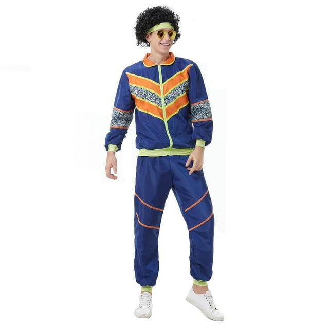 80s HipHop Costumes Outfits Retro Tracksuit Patchwork Zip Up Long Sleeve Coat and Pants