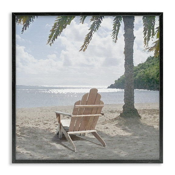 Stupell Industries Chair Under Palm Tree Coastal Photography Black Framed Art Print Wall Art, 12 x 12