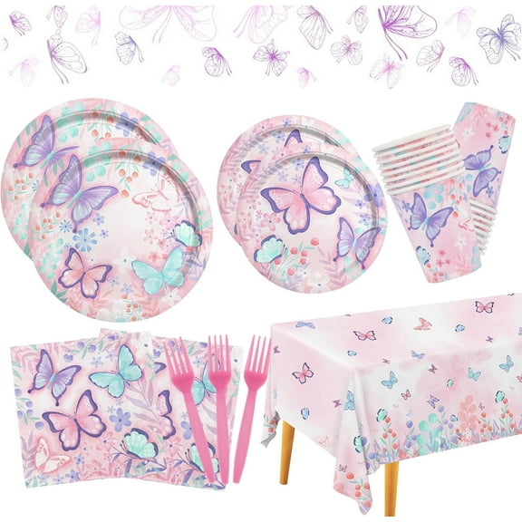 122Pcs Butterfly Birthday Party Supplies With Paper Plates, Napkins, Cups, Cutlery, Tablecloth,Perfect for Girls Butterfly Theme Party, Baby Shower Decorations