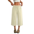 thumbnail image 2 of Capri Pants for Women 2026 Summer Petite Cotton Linen Casual Straight Drawstring Elastic Waist Cropped Trousers Beige XL, 2 of 5