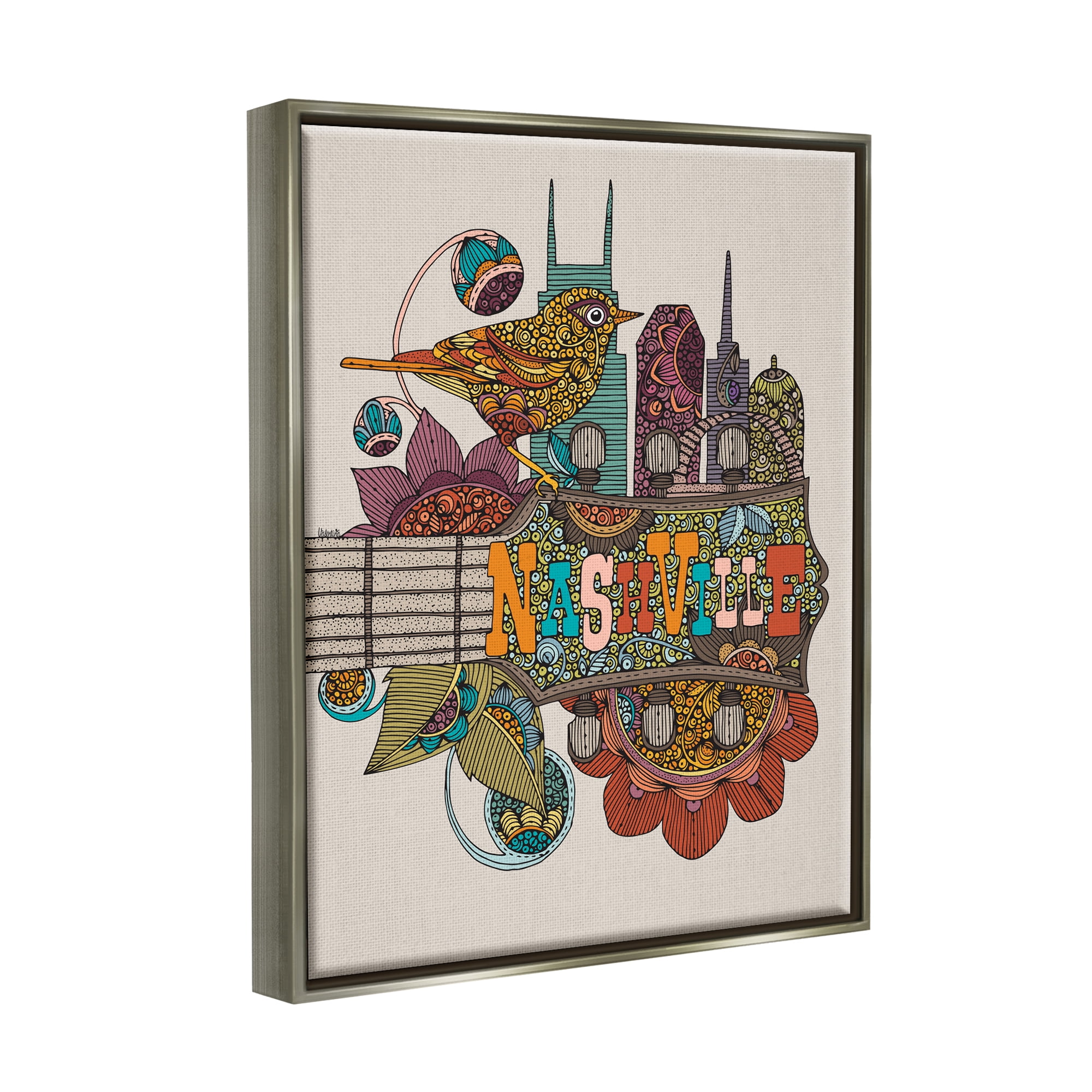 Stupell Industries Nashville Music City Bird Detailed Floral Patterns Graphic Art Luster Gray Floating Framed Canvas Print Wall Art, Design by Valentina Harper