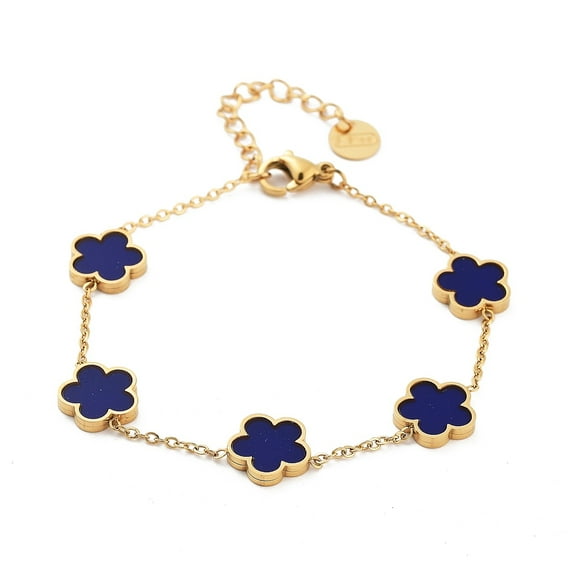 3pc Flower Resin Link Chain Bracelets Golden Tone 304 Stainless Steel Cable Chain Bracelets for Women Blue 6-1/4~6-3/8 inch(15.9~16.3cm)