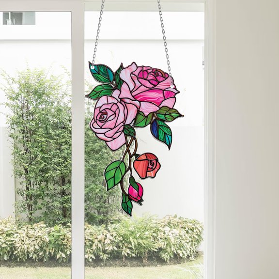 2D Acrylic Rose Window Hanging, Elegant Stained Glass Floral Design, Ideal Gift for Flower Lovers, Garden Enthusiasts, and Indoor Decor