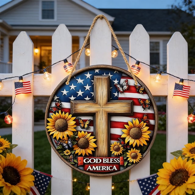 America Wooden Hanging Sign Patriotic Round Wall Decor For Home And Porch