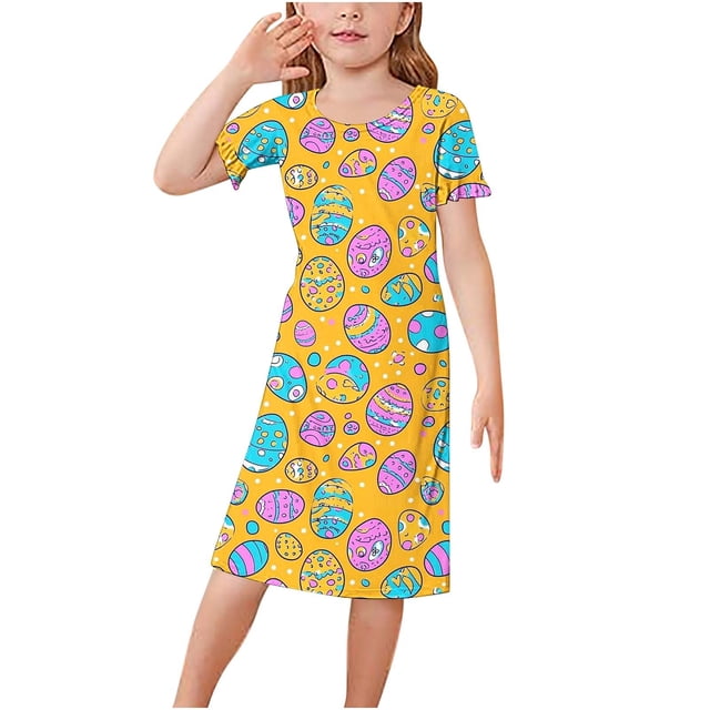 RXIRUCGD 2025 Vêtements d'Été pour Enfants 3-12 Ans Mode Couleur Unie Pyjamas Rêveurs Robe à Manches Courtes Col Rond