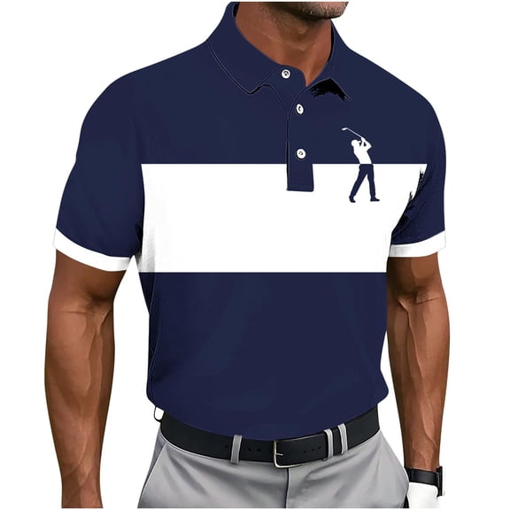 Golf Shirts for Men Short Sleeve Color Block Moisture Wicking 3-Button Polo Collar Blouse Performance Tops (XL, Navy)