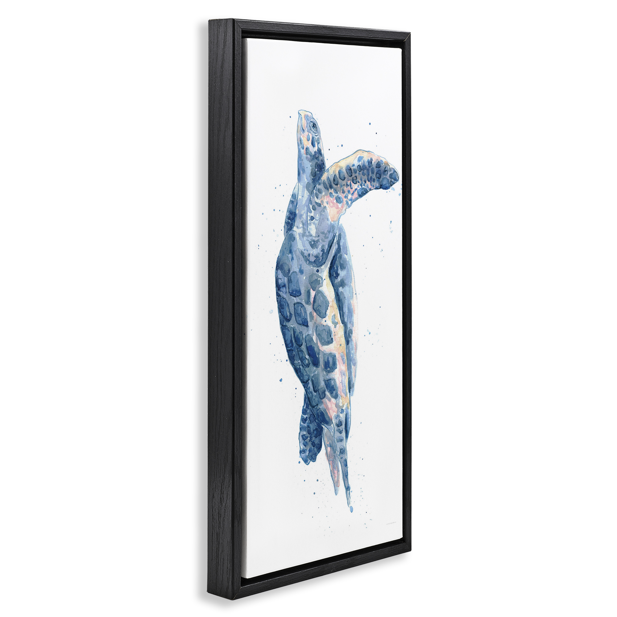 Stupell Industries Blue Turtle Swimming Animals & Insects Painting Black Floater Framed Canvas Art Print Wall Art, 11 x 25
