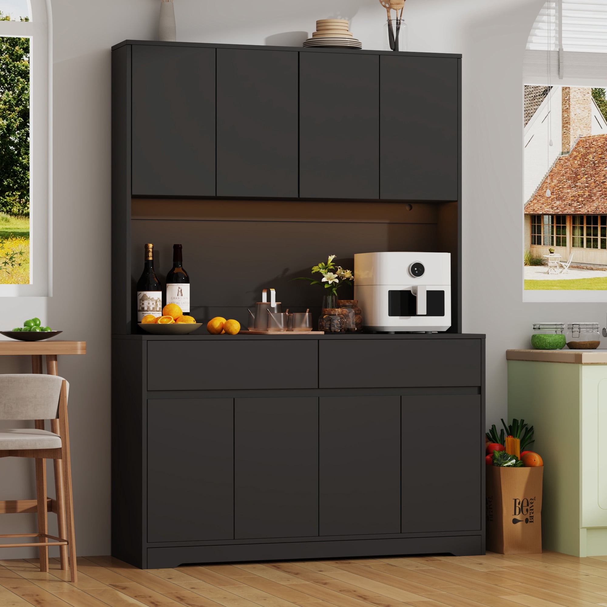 71" Tall Kitchen Pantry with LED Light & Charging Station, 8 Door Kitchen Cupboard with Large Storage and Microwave Stand, Freestanding Hutch Cabinet for Dining Living Room