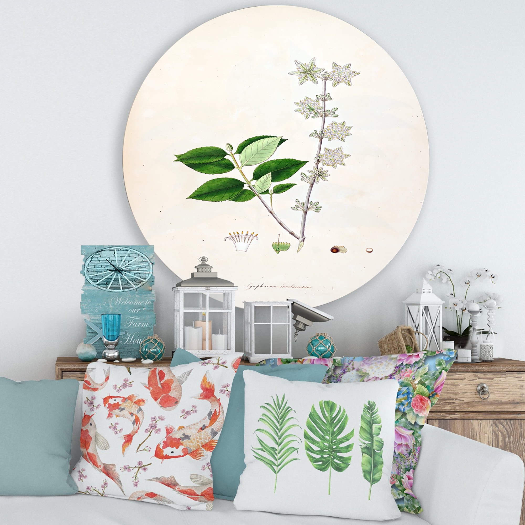 Designart 'Ancient Botanicals XV' Farmhouse Circle Metal Wall Art 36x36 - Disc of 36