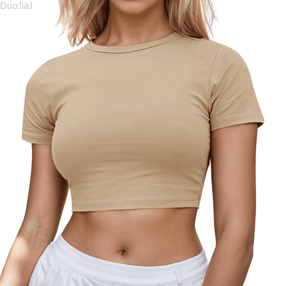 Duojiaj Women's Casual Short Sleeve Crop T Shirt Round Neck Basic Solid Top For Spring Summer Everyday Wear Women's T-Shirts